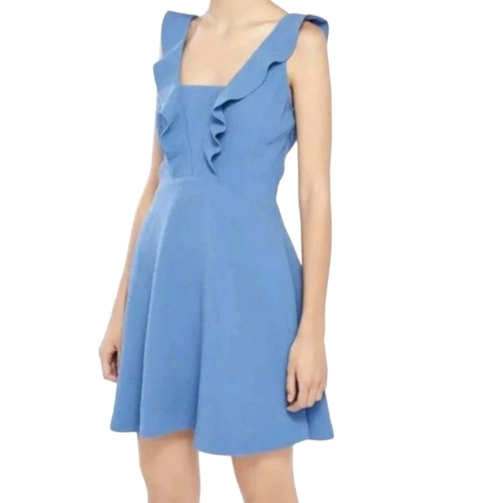 SANDRO PARIS Ruffled Front Fit and Flare Mini Dress in denim blue